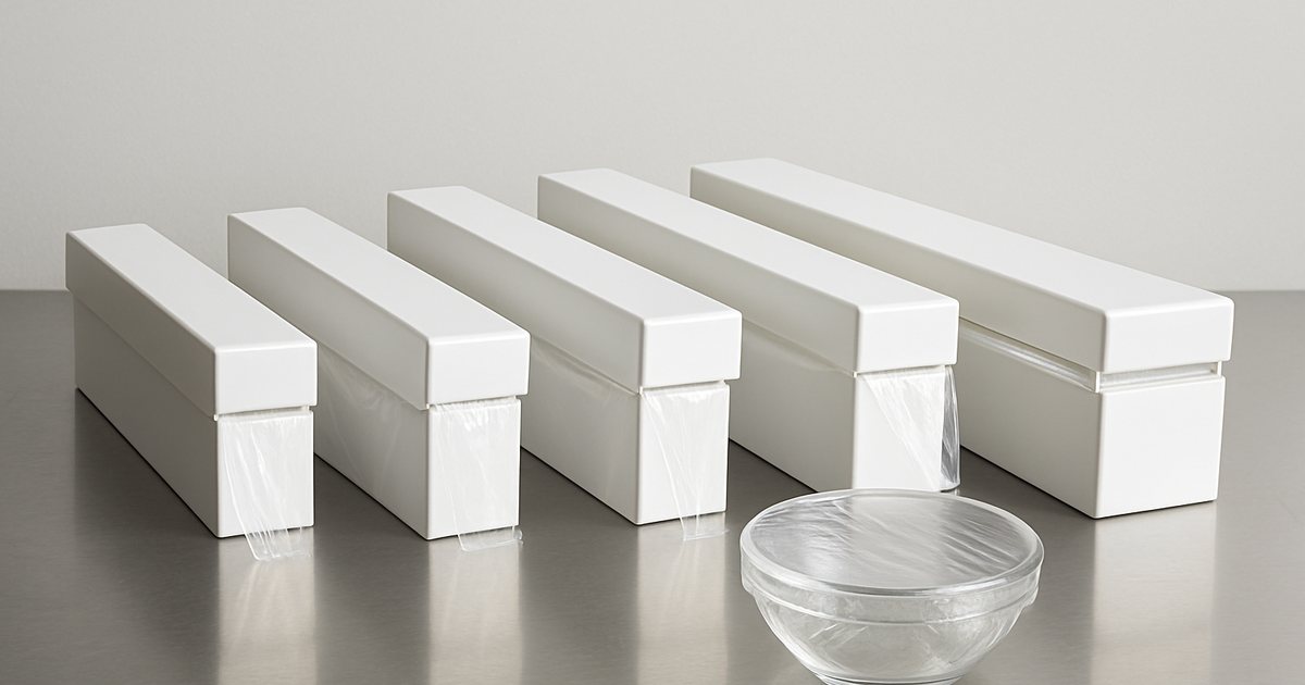 Five plastic wrap dispenser boxes of different widths lined up on a steel counter with a cling-film-covered glass bowl, comparing plastic wrap brands