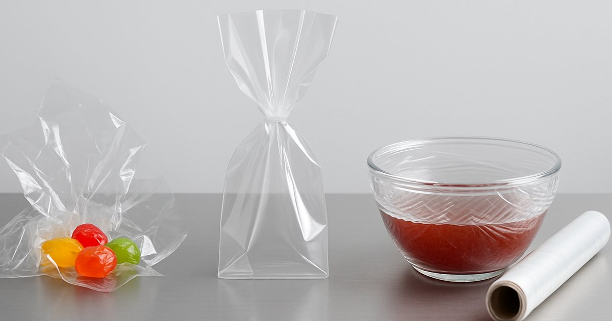 Crinkled cellophane around candies, a clear polypropylene gift bag and a bowl covered with stretchy PVC cling film compared side by side