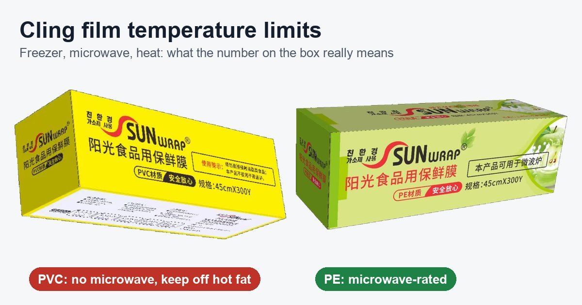 SUNWRAP PVC cling film box marked not for microwave next to a SUNWRAP PE cling film box marked microwave-safe