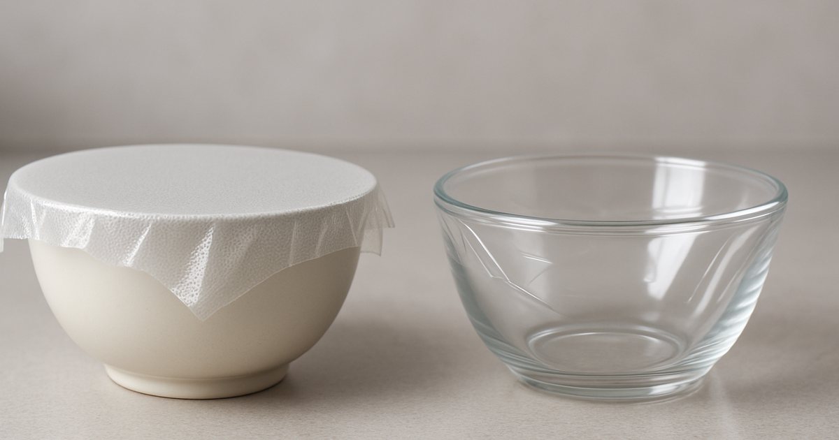 A ceramic bowl sealed with dimpled Press'n Seal style sealing wrap next to a glass bowl covered with clear PVC cling film