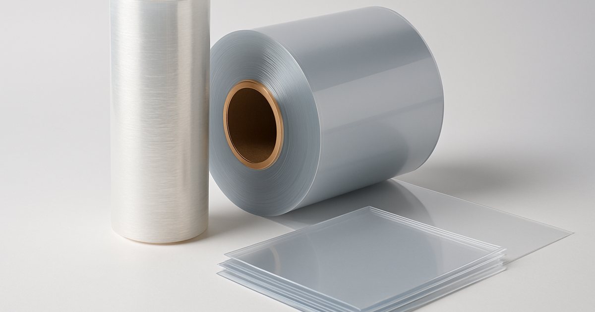 Rolls of clear flexible PVC film and a stack of semi-rigid PVC sheet next to each other on a factory bench, showing the difference in thickness and stiffness