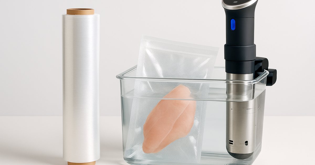 Roll of clear PVC cling film beside a vacuum-sealed pouch of chicken breast in a sous vide water bath with a precision cooker